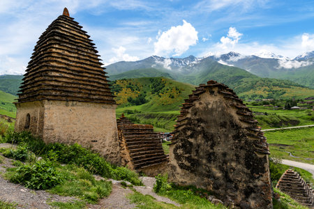 Beautiful landscape of the medieval city of the dead in the Caucasus mountains. North Ossetia.の写真素材