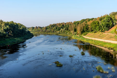 Summer beautiful panoramic view of the Western Dvina river in Vitebsk, Belarus. A river with a green...