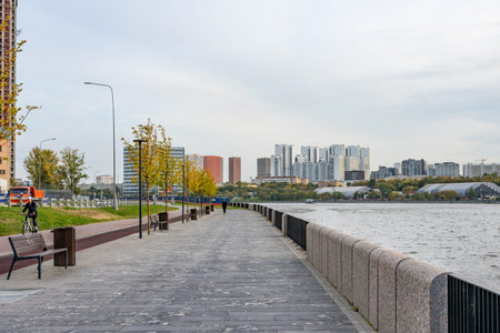 Moscow, Russia - September 16, 2025: The Marc Chagall Embankment- new embankment in the south of Moscow. Promenade along the Moscow River.のeditorial素材