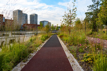 Moscow, Russia - September 16, 2025: The Marc Chagall Embankment- new embankment in the south of Moscow. Promenade along the Moscow River.のeditorial素材