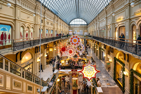 MOSCOW, RUSSIA - DECEMBER 7, 2025: New Year and Christmas Decorations at GUM. Holiday decorations at GUM - Moscow iconic department store.のeditorial素材