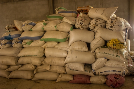 Arrangement with lots of fertilizer sacks in asia.のeditorial素材