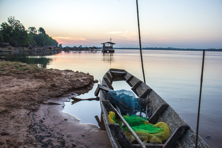 The Boat, old, river, calm, blue, water, morning.の写真素材