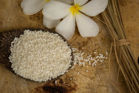 Wooden Spoon rice, wood floors, brown, jasmine rice, surface.の写真素材