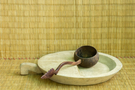 Wicker shell surface, bamboo brown background.の写真素材