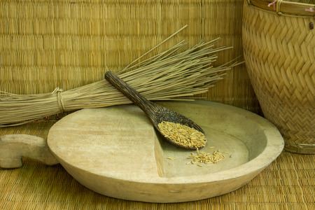 Wicker shell surface, bamboo brown background.の写真素材