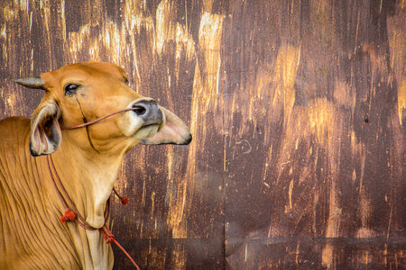 agriculture australia six brown cows in corral on cattle ranch pose for cameraの写真素材