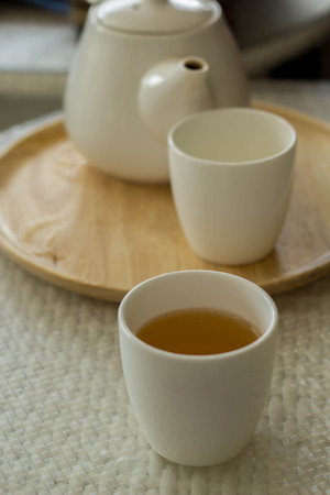 cup of tea on the wood tebleの写真素材