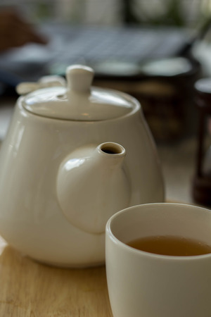 cup of tea on the wood tebleの写真素材