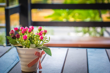 Pink flower vase put on the table Have background blurredの写真素材