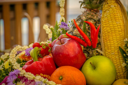 Fruit basket made of bamboo, colorful, fresh, clean.