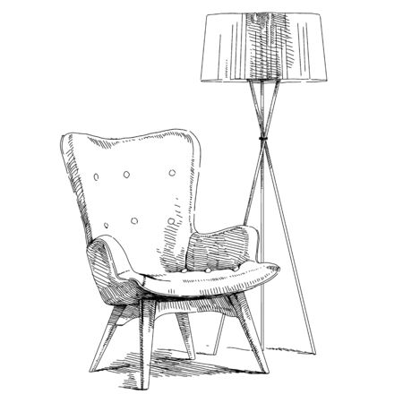 Comfortable modern interior hand drawing vector illustration.のイラスト素材