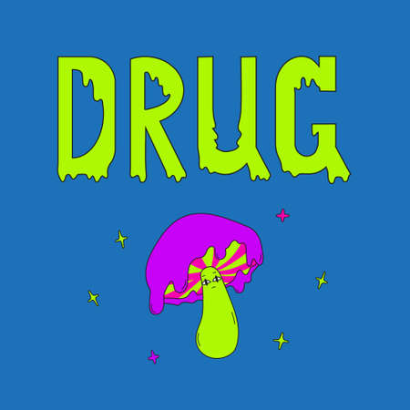 Bright retro wave inscription Drug with leaking letters and cartoon mushroom in flat style on blue background. For prints, stickers, product designのイラスト素材