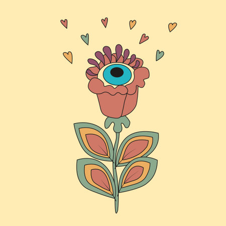 A psychedelic flower with a looking blue eye and hearts in trendy retro colors on beige background. For product design, stickers, print, poster.のイラスト素材