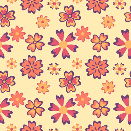 Seamless pattern with abstract flowers in a warm orange purple palette on beige background.のイラスト素材