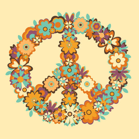 A hippie symbol Peace decorated with various flowers in trendy retro colors on beige background.のイラスト素材