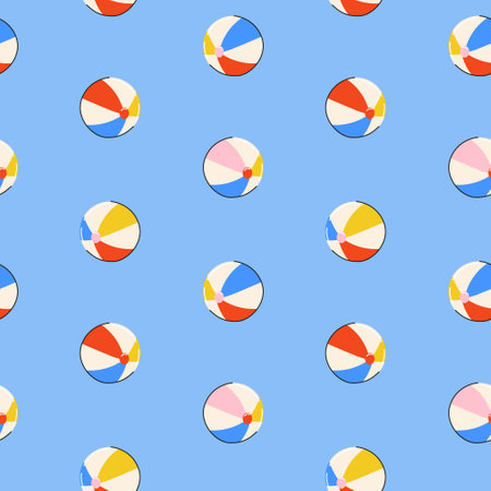 Seamless summer pattern with colorful balls in bright blue, pink, yellow colors in flat style on blue background. For print, package, wrapper.のイラスト素材