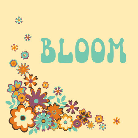 Inscription Bloom with colorful flowers in the corner on beige background. For cards, print, poster.のイラスト素材