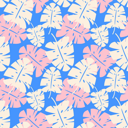 Seamless summer pattern with pink and white leaves of monstera on blue background.