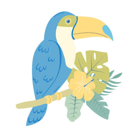 Blue toucan sitting on a branch in profile in flat style in a green-yellow palette.のイラスト素材