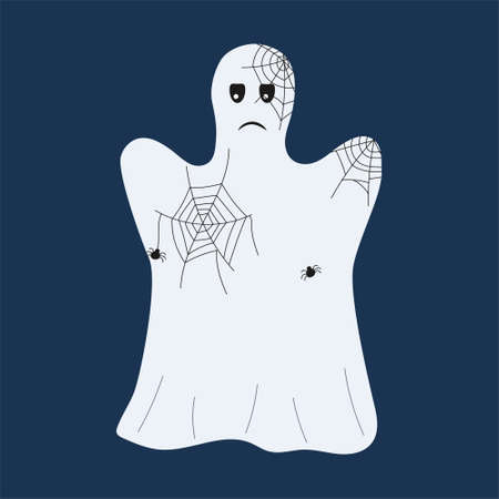 A sad cartoon ghost with a spiderwebs and spiders on dark blue background for halloween.のイラスト素材