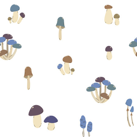Seamless pattern of different mushrooms on a white background in an extraordinary palette. For textile, for kids fabric and wrapping paper, background.のイラスト素材