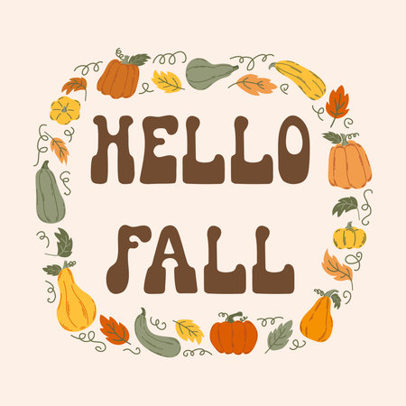 Hand lettering phrase Hello Fall with autumn leaves and pumpkin on beige background.のイラスト素材