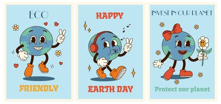 Happy groovy planet characters in old classic cartoon style of 1960s 1970s. Set posters or cards for Earth Day. concept protection planet. Flat vector illustration.のイラスト素材