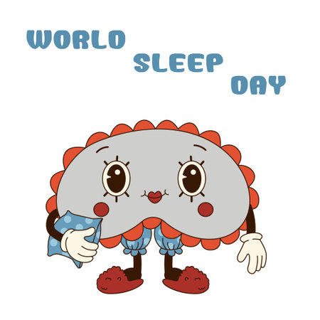 Cute sleep mask in groovy retro style of 60s 70s. World sleep day concept. Flat vector illustration. cartoon character. For cards, posters, print.のイラスト素材