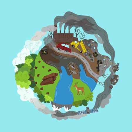 environmental pollution concept. The planet is divided into two parts, polluted by harmful garbage and a purely green part. flat vector illustrationのイラスト素材