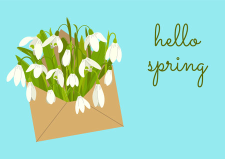 Hello Spring hand drawn vector illustration. Season lettering with envelope of snowdrops for greeting card, poster.のイラスト素材