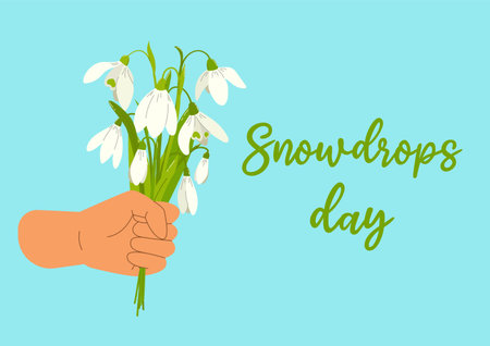 Spring rectangular background with the hand holding the bouquet of snowdrops and quote Snowdrops day in flat styleのイラスト素材