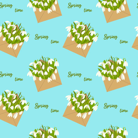 Floral seamless pattern with snowdrops in envelope and quote Spring time on blue background. flat vectorのイラスト素材
