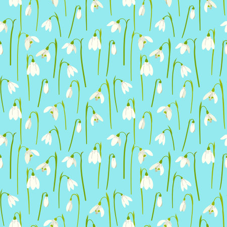 Floral seamless pattern with snowdrops on blue background. Flat hand drawn styleのイラスト素材