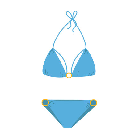 Female fashion swimsuit. Flat isolated illustration of cartoon trendy female beachwear. Two pieces swimming suit or bathing underwear lingerie with neck ties. Vector colorful swimwearのイラスト素材
