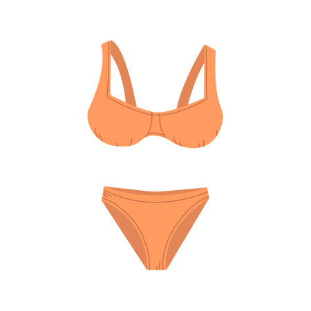 Female fashion swimsuit. Flat vector isolated illustration of drawing trendy female beachwear. Two piece orange swimming suit or bathing underwear lingerie.のイラスト素材