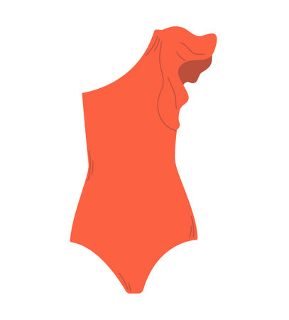 Female one piece swimsuit. Stylish red swimwear with one flounce. Swim clothes with frill and one shoulder. Flat hand drawn colorful vector illustration isolated on white background.のイラスト素材