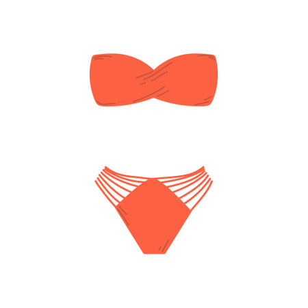 Female fashion swimsuit without straps. Flat vector isolated illustration of drawing trendy female beachwear. Two piece red swimming suit or bathing underwear lingerie.のイラスト素材