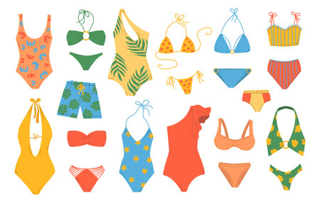 Big set female and male beach clothes. Summer swimsuit, bikini, monokini. Stylish modern swimwear design. Flat hand drawn colorful vector illustration isolated on white background.の素材 [FY310202936304]