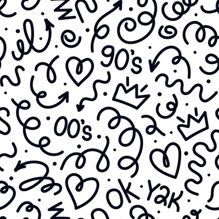 Trendy squiggles seamless pattern. Fun black white line doodle with shapes crown, heart, numbers of 90s, 00s, y2k with curly confetti. Simple childish print. For textile, backdrop, packagingのイラスト素材