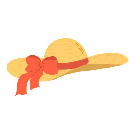 Isolated yellow straw hat with red bow and brim on white background in flat style. summer recreationのイラスト素材