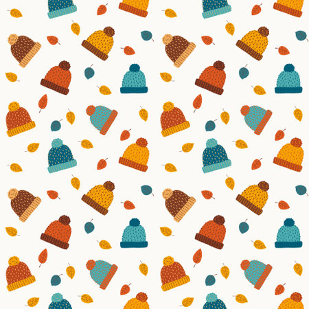 Autumnal seamless pattern with colorful hats and leaves in flat styleのイラスト素材