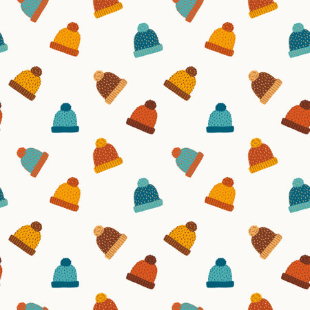 Autumnal seamless pattern with colorful hats in flat styleのイラスト素材