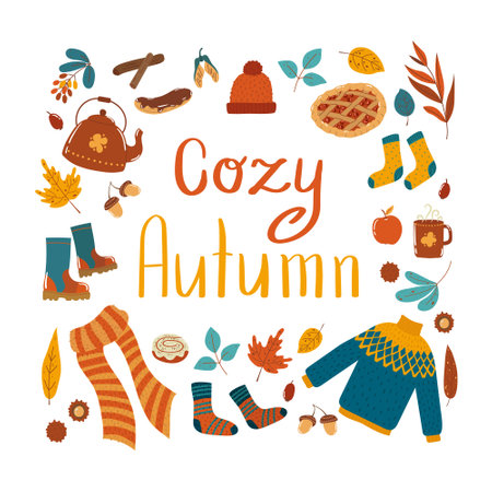Lettering Cozy Autumn with autumnal items and foliage in flat styleのイラスト素材