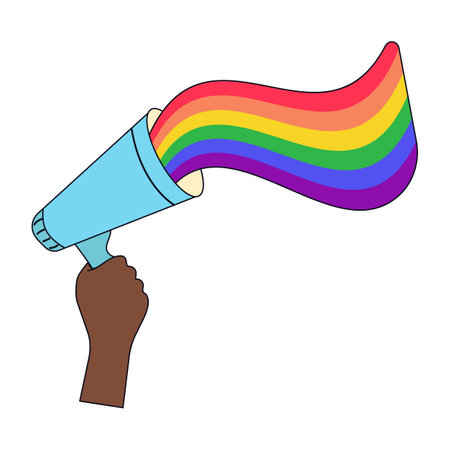 Pride LGBT symbols. Hand holds megafon with rainbow. Supporting love freedom. Flat vector illustration.のイラスト素材