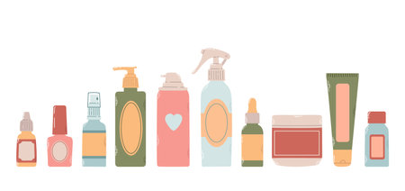 Set of different bottles, flacons, sprays for design cosmetic products in colorful flat vector illustration. Cosmetology, dermatology, podologyのイラスト素材