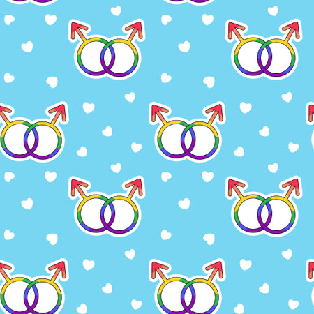 Seamless pattern LGBTQ gender symbols on blue background with hearts. LGBT pride community. Rainbow elements in flat vector style. Pride monthのイラスト素材