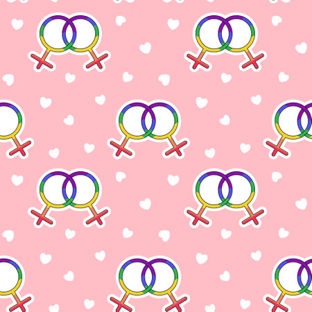 Seamless pattern LGBTQ gender symbols on pink background with hearts. LGBT pride community. Rainbow elements in flat vector style. Pride monthのイラスト素材