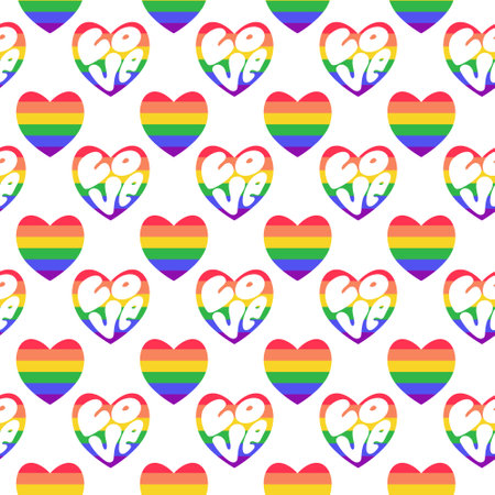 LGBTQ seamless pattern with rainbow hearts and lettering love on white background in flat vector style. LGBT pride community monthのイラスト素材