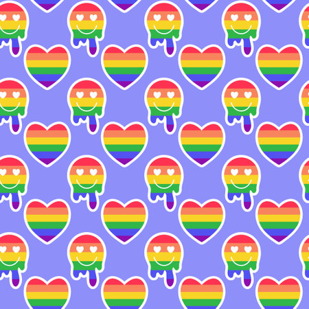 LGBTQ seamless pattern with rainbow liquid smile and heart on violet background in flat vector style. LGBT pride community monthのイラスト素材